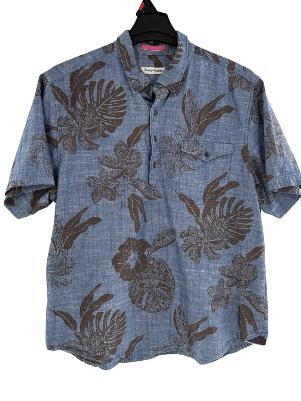 Tommy Bahama Camp Shirt Mens XL Blue Popover Hawaiian Floral Short Sleeve